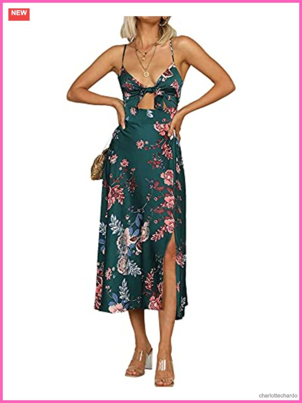 Semi-Formal Spaghetti Strap Midi Satin Dress Backless Slit Cutout Tie Front